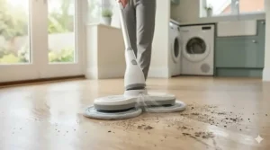 Alt text for image 4: A high-resolution, low-angle detailed close-up of the electric spin mop head actively spraying a fine mist of water onto a dirty section of light wood flooring, with the dual microfibre pads in motion.