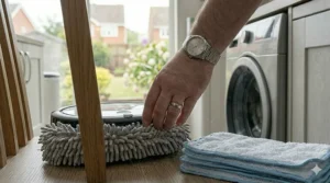 A flexible flat microfibre mop pivoting easily to clean underneath living room furniture and around chair legs.