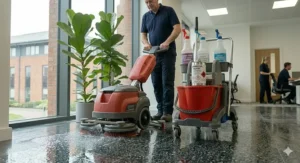 A split illustration demonstrating a dirty, scuffed commercial vinyl floor on the left, and a bright, pristine floor cleaned by a top-rated floor scrubber on the right.