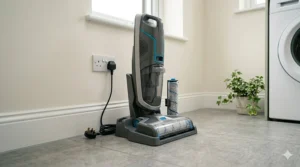A compact hard floor cleaner stored on its charging dock in a British utility room.