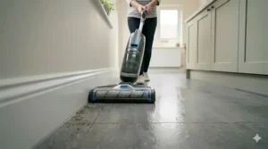 A hard floor cleaner reaching the tight gap between a laminate floor and white skirting boards.