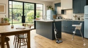 An illustration showcasing a cordless floor scrubber working on different UK floor types, including tiles and laminate.