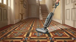 Close-up of a hard floor cleaner removing dirt from traditional Victorian hallway floor tiles.