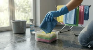 A gloved hand wipes a dark grey tiled floor using a damp blue microfibre floor cloth, leaving a clean sheen behind near a mist of water droplets.