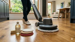 A low-angle shot of a wood floor polisher in a modern British kitchen, showing the glossy, buffed surface of the oak wood floor.