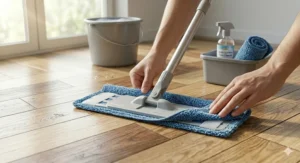 Close-up of a person attaching a rectangular blue microfibre cloth to a grey flat mop head on a wooden floor, with cleaning supplies nearby.