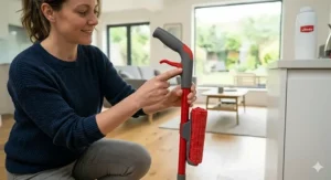 Close-up of a person pointing to the red ergonomic spray trigger mechanism on the handle of a lightweight spray mop.