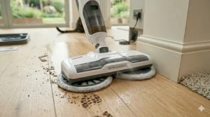 An icon-led illustration showing a cordless electric mop charging on a wall-mounted dock with a 60-minute runtime indicator.
