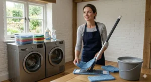A person places a blue microfibre cloth into an open front-loading washing machine drum filled with multi-coloured microfibre floor cloths in a utility room.