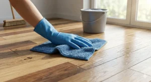 A detailed close-up of a blue microfibre floor cloth showing its fine loop pile texture, laid flat on a light-coloured wooden floor with soft natural light.
