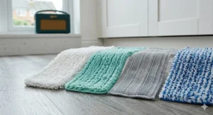 A teal microfibre spray flat mop resting against open shelving in a bright UK utility room next to a washing machine and laundry detergents.