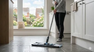A person cleaning a grey tiled kitchen floor with a premium flat microfibre mop in natural daylight.