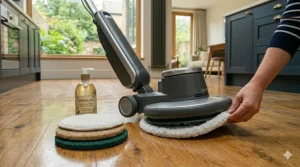A close-up of a domestic floor buffer machine moving across a wood panelled floor with natural light shining from a window.