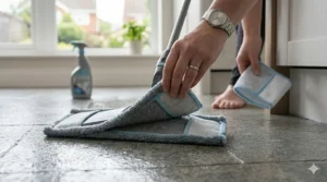 Close-up of a person detaching a dirty microfibre pad covered in dust and hair from the base of a floor mop.