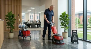 A ride-on heavy-duty floor scrubber cleaning the polished granite walkways of a busy British shopping centre.