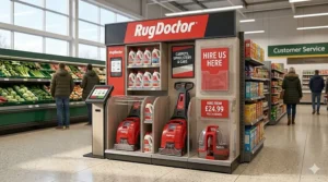 A Rug Doctor carpet cleaner rental station located inside a UK supermarket, showcasing machines and solutions for hire.