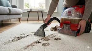 Deep cleaning muddy paw prints from a cream carpet using a Rug Doctor machine.