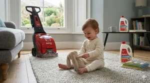 A toddler playing on a freshly deep-cleaned carpet after using Rug Doctor solutions.