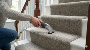 Using the Rug Doctor upholstery attachment to clean carpeted stairs in a semi-detached house.
