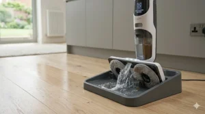An illustration of a cordless electric mop sitting in its storage tray performing an automated self-cleaning cycle.