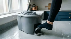 A person using a foot pedal on a spin mop bucket to wring out excess water for efficient floor drying.