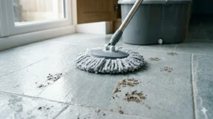 Using a spin mop to quickly clean muddy paw prints off a tiled hallway floor after a walk.