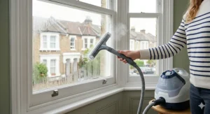 Using a cylinder steam cleaner with a carpet glider attachment to refresh a neutral-toned bedroom carpet.