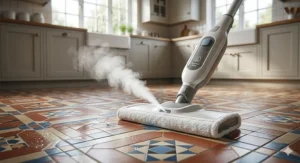 A lightweight steam mop sanitising intricate Victorian-style geometric kitchen floor tiles without using chemicals in a British home.