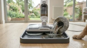 A diagram showing the separate clean water and dirty water tanks of a cordless electric mop for more hygienic cleaning.