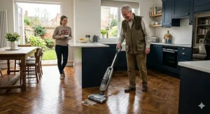 A photorealistic illustration of a woman in a beige knit jumper with a Union Jack emblem, holding a mug and smiling at a domestic floor polisher on an oak parquet floor. The kitchen is modern with cool, desaturated blue tones.