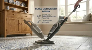 A high-detail photograph featuring a lightweight Vax steam mop being easily manoeuvred with one hand around furniture.