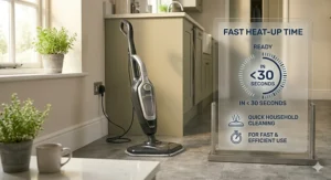 A photorealistic photograph in a UK kitchen showing a Vax steam mop with an infographic highlighting a fast heat-up time of under 30 seconds.
