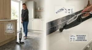 A photorealistic photograph showing the modular Vax steam mop in both upright mode and as a detachable handheld steamer.
