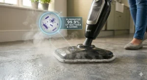 A close-up photorealistic photograph showing the head of a Vax steam mop eliminating 99.9% of harmful bacteria on floor tiles.