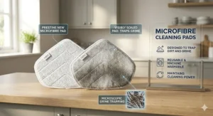 A high-resolution photograph of two triangular microfibre cleaning pads designed to trap dirt and grime for a Vax steam cleaner.
