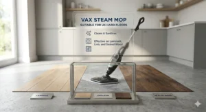 A photorealistic illustration showing the Vax steam mop suitable for UK flooring including laminate, lino, and sealed wood.