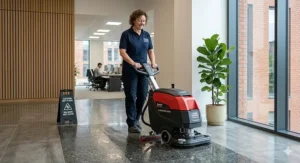 An operator guiding a walk-behind industrial floor scrubber dryer across a large concrete warehouse floor, leaving a clean, dry path.