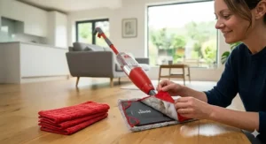 A person kneeling on an oak floor to change the washable microfibre cleaning pad on the base of a red spray mop.