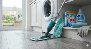 A selection of four different reusable microfibre flat mop pads lined up on a wooden kitchen island counter for comparison.