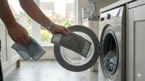 Placing dirty microfibre mop pads into an open front-loading washing machine in a utility room.