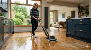 A close-up view of a domestic wood floor polisher machine next to interchangeable buffing pads and eco-friendly floor wax.