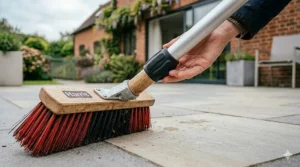 Close-up of a durable telescopic handle on an outdoor broom, showing the adjustable height lock and ergonomic handle grip.