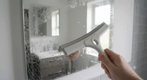 An all-purpose squeegee being used to clean a bathroom mirror and glass shower screen.