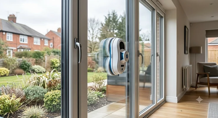 A photorealistic automatic window cleaning robot securely attached and polishing a large pane of glass in a modern UK home. automatic window cleaner