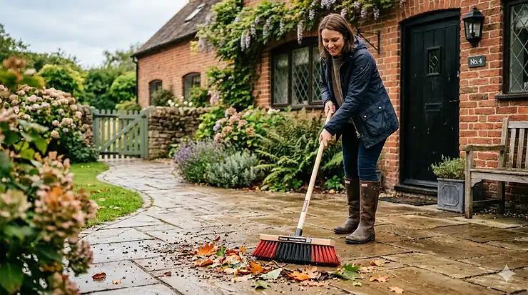 A person wearing a waterproof jacket and boots uses a heavy-duty outdoor broom to sweep fallen autumn leaves on a flagstone patio in a British garden setting. best outdoor broom