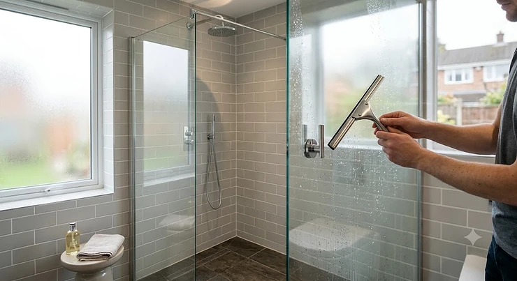 A sleek, stainless steel shower squeegee being used to wipe water from a glass shower screen in a modern British bathroom. best shower squeegee