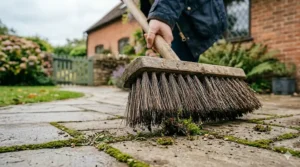 Using a stiff-bristled outdoor broom to scrape away stubborn green moss and weeds from block paving joints.