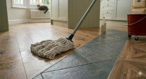 An illustration highlighting the suitability of a professional string mop on various British flooring types, showing a close-up of a mop head cleaning a surface that transitions between textured grey ceramic tiles and warm oak parquet flooring.