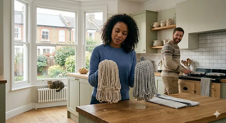 An illustrated comparison of string mop head materials, contrasting highly absorbent microfibre loops with traditional cotton strands, presented by a woman standing by a kitchen island with a puddle of water. best string mop
