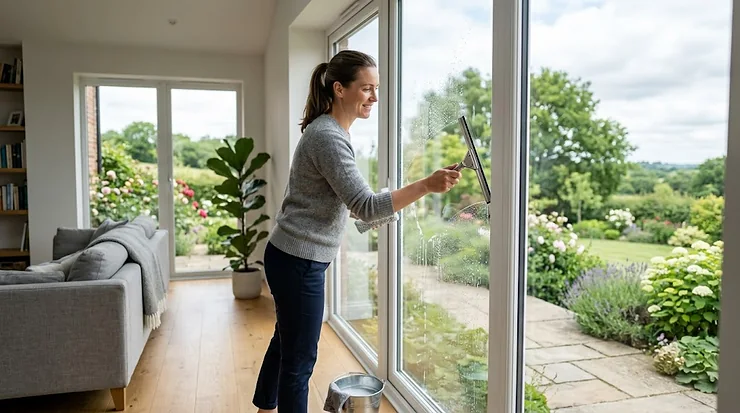 A person using the best window squeegee to clean a glass pane for a streak-free finish. best window squeegee